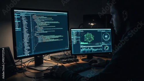 Man working on computers displaying code and data analysis in dim room