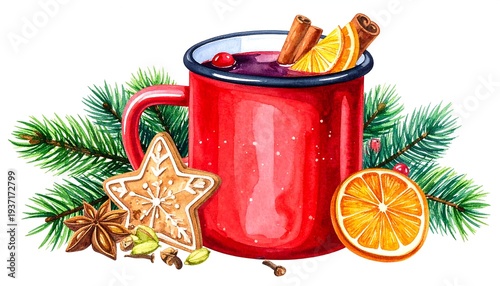 A red mug filled with mulled wine, garnished with spices and greenery. Watercolor illustration