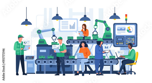 Digital Factory Production: Smart Automation, Robotic Arms, and Engineers Managing Modern Manufacturing Processes