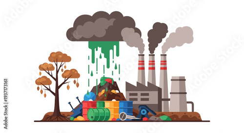 Industrial Environmental Pollution: Factory Emissions, Acid Rain, and Toxic Waste Impacting Nature