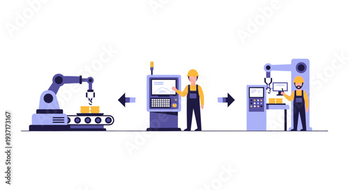 Industrial Automation Process: Human Operator Supervising Robotic Arms and Conveyor Belt in a Smart Factory Production Workflow
