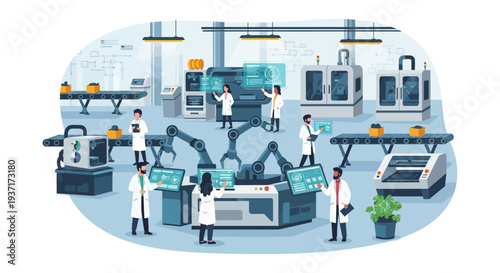 Scientists & Engineers in a Smart Factory Overseeing Robotic Automation, AI, and Modern Manufacturing Production Lines - Industry 4.0 Concept