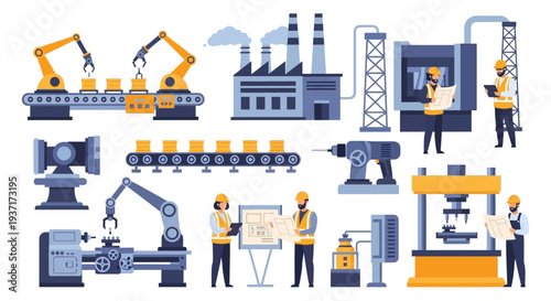 Industrial Manufacturing Set: Automation, Factory Production Line, Robotics, Engineering & Workers