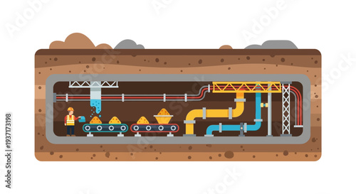 Underground Mining & Construction Site with Worker, Conveyor Belt, Pipes, and Infrastructure in Flat Design Cross-Section Illustration