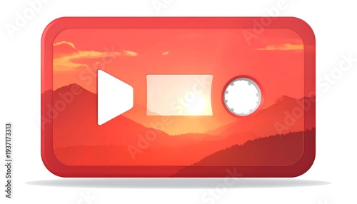 A red, rounded rectangle button features a mountain sunset with a play arrow and gear wheel overlayed