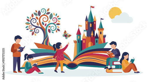 Children reading books, transforming into a magical world of castles and trees