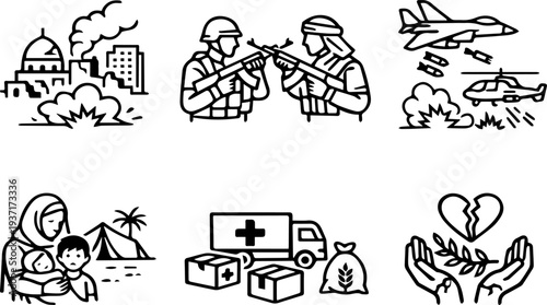 War conflict humanitarian crisis refugee aid icons