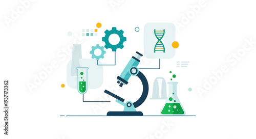 Biotechnology and Science Research Concept with Microscope, DNA, Lab Equipment - Modern Flat Design Illustration