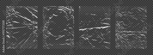 Polyethylene packaging, transparent texture for overlay. Plastic Wrap overlay stamp with wrinkled, worn effect. Different types Polyethylene packaging, plastic Wrap, cling film. Vector stamps