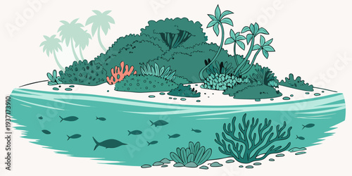 Tropical Island Beach Landscape with Palm Trees Illustration
