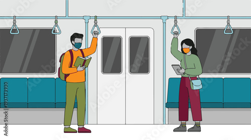 People commuting on public transport with face masks, reading and using tablet