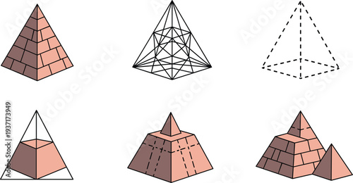 Ancient Egyptian Pyramid Structures Geometry Construction Diagram and Stone Pyramid Set Flat Vector Illustration
