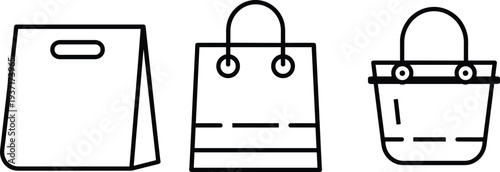 Minimal line art shopping bag icon set including paper bag, retail handle bag and reusable tote bag isolated, modern outline style for ecommerce, store, packaging design