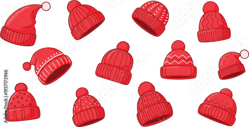 Red Winter Beanie Hat Collection with Knitted Warm Caps, Cozy Seasonal Headwear Set for Cold Weather Fashion Vector Illustration