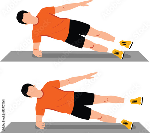 Side plank exercise with leg raise demonstration, core strength workout routine, fitness training position guide flat vector illustration