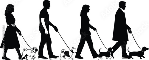 People walking dogs silhouettes set, pet owners with different breeds on leash outdoor lifestyle black vector illustration