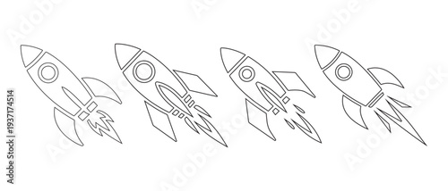 Retro Rocket Ships Launching with Fire and Smoke, Minimalist Vector Illustration of Space Travel and Innovation.
