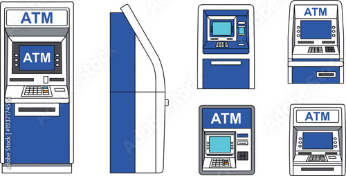 Automated Teller Machine ATM Banking Terminal Set Front Side View Financial Technology Equipment Flat Vector Illustration