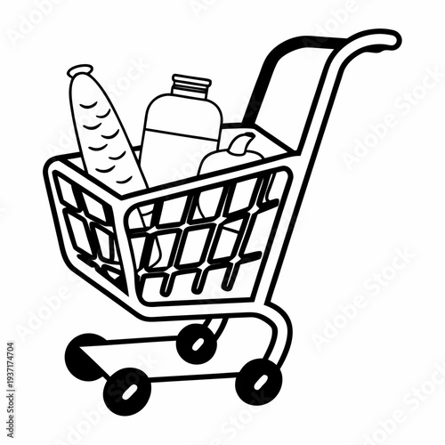 Shopping Cart with Groceries Supermarket Vector Illustration