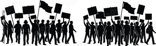 Crowd of protesters holding signs and flags on white background demonstration people