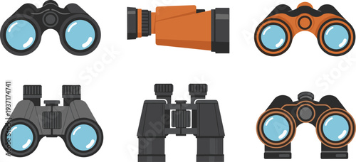 Binoculars and Monocular Optical Devices Set Hunting Travel and Observation Equipment Flat Vector Illustration
