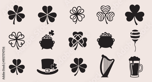 Saint patricks day icons set with clover shamrock pot of gold and harpSaint patricks day icons set with clover shamrock pot of gold and harp