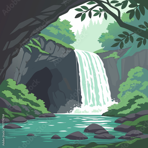 Beautiful Waterfall in Forest Nature Landscape Vector