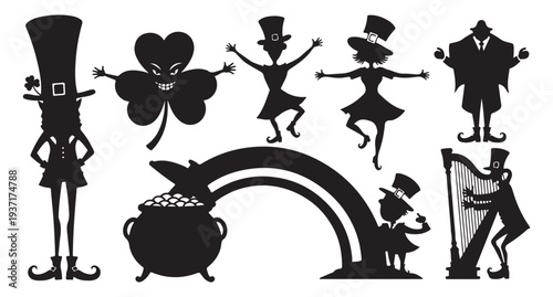 Saint patricks day leprechaun silhouette set with rainbow and pot of goldSaint patricks day leprechaun silhouette set with rainbow and pot of gold