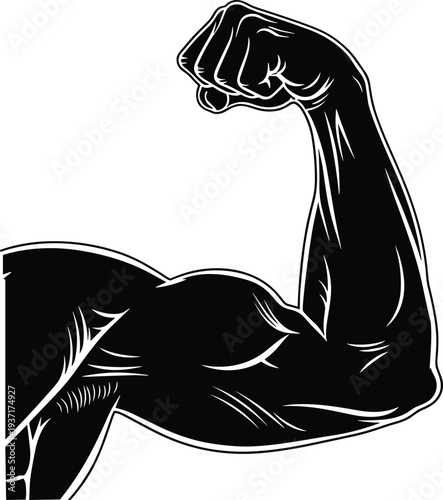 Strong muscular arm flexing bicep symbol, bodybuilding strength concept, power fitness icon, bold black silhouette vector illustration