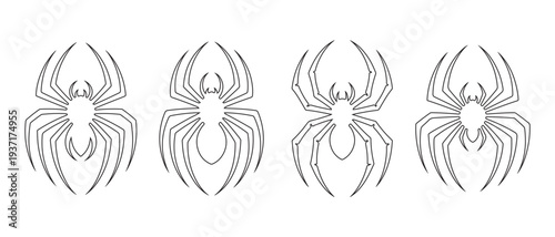 Stylized Spider Line Art Icons, Vector Graphic Design Elements, Halloween and Horror Themes.
