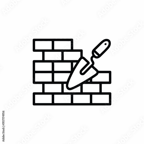 Black line icon of trowel and brick wall