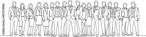 Line drawing of a diverse group of business professionals standing together people