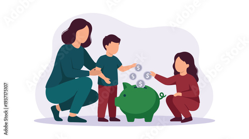 Mother and children learning to save money with a piggy bank illustration