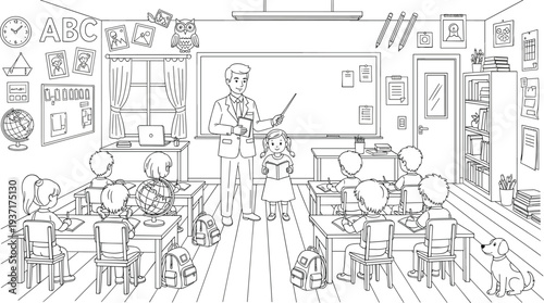 Teacher and students in classroom learning lesson at school, educational activity scene detailed line art vector illustration