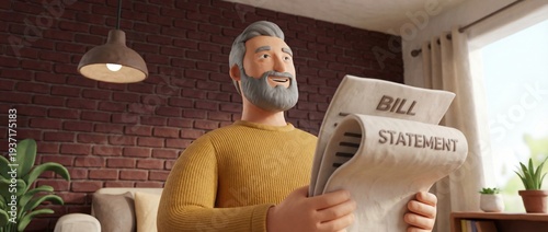 Elderly Man Smiling While Reading a Bill Statement in a Cozy Living Room