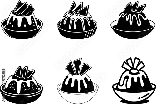 Silhouette of six desserts with various toppings and sauces