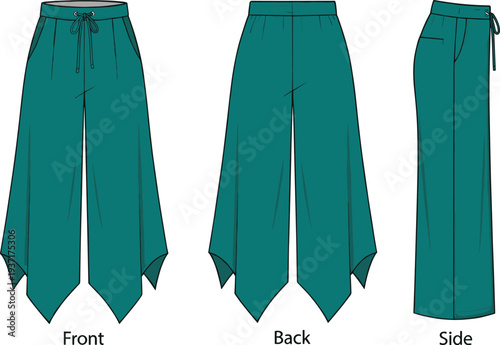 Modern women asymmetric hem wide leg pants fashion technical sketch with front back side views, stylish casual trouser design template for apparel production and fashion illustration