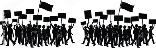 Two groups of protesters with signs and flags on white background demonstration crowd