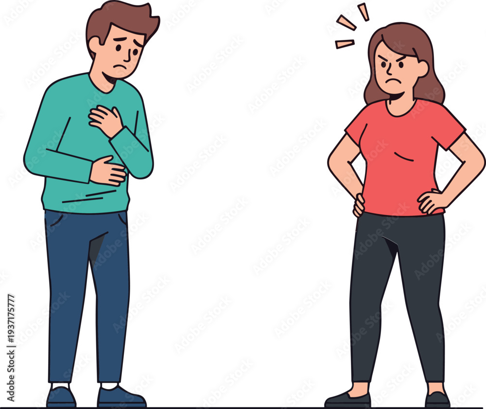 Fototapeta premium Angry woman arguing with sad man, relationship conflict concept, couple disagreement, emotional stress, communication problem, flat vector illustration