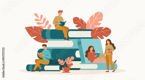 People reading books and learning among plants, education concept illustration