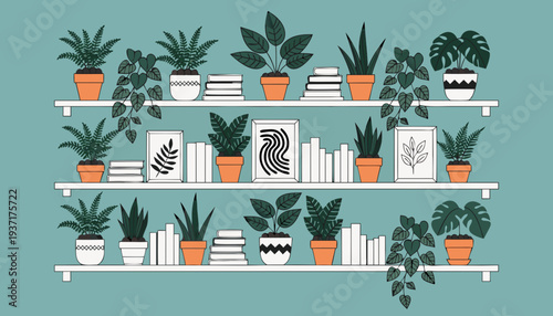 Indoor Plants Shelf Home Decor Botanical Vector Illustration