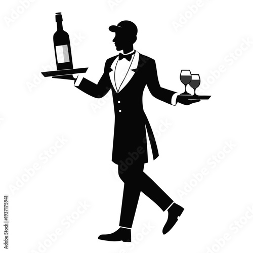 Waiter Serving Wine Restaurant Service Flat Vector Illustration
