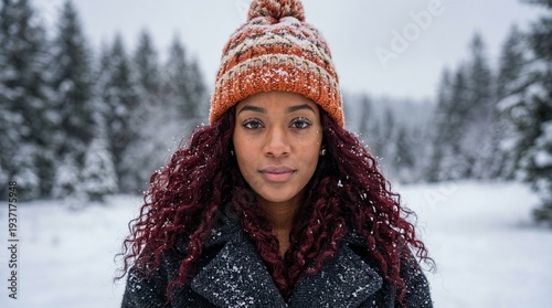 Portrait of a Young Woman with Burgundy Hair in Winter Forest