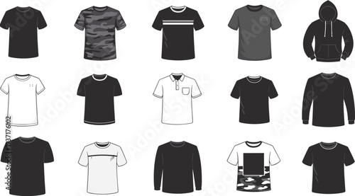 Set of blank t-shirt, hoodie, polo and long sleeve shirt silhouettes, casual clothing apparel icon collection, fashion template mockup bundle for print design and branding