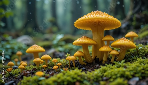 Vibrant Yellow Mushrooms Growing Amidst Lush Green Moss in a Rainy Forest Environment