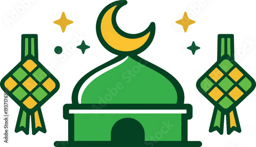 Islamic Mosque Dome with Crescent Moon and Ketupat Elements, Minimalist Green Line Art Vector for Eid Mubarak and Ramadan.