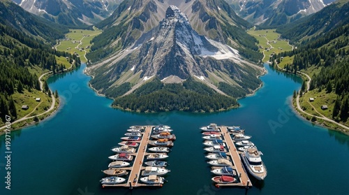 Scenic Boat Marina in a Deep Blue Mountain Lake
