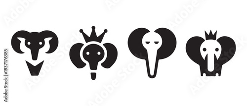Set of stylized black animal icons. ram, elephants with crowns, plain elephant head, simple flat design icons.