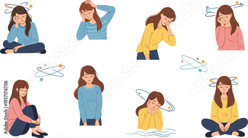 Woman Experiencing Dizziness and Headache Symptoms Collection with Female Characters Showing Vertigo, Fatigue and Health Discomfort Vector Illustration Set