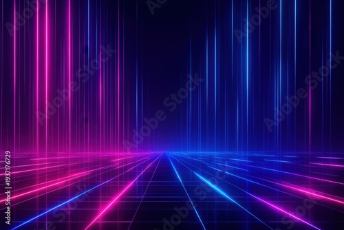 Vibrant neon blue and pink glowing lines abstract background with grid pattern